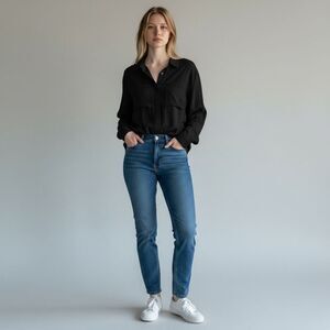 NWT Fashion Nova Solid Black Long Sleeve Button Front Down Shirt Long Sleeve L